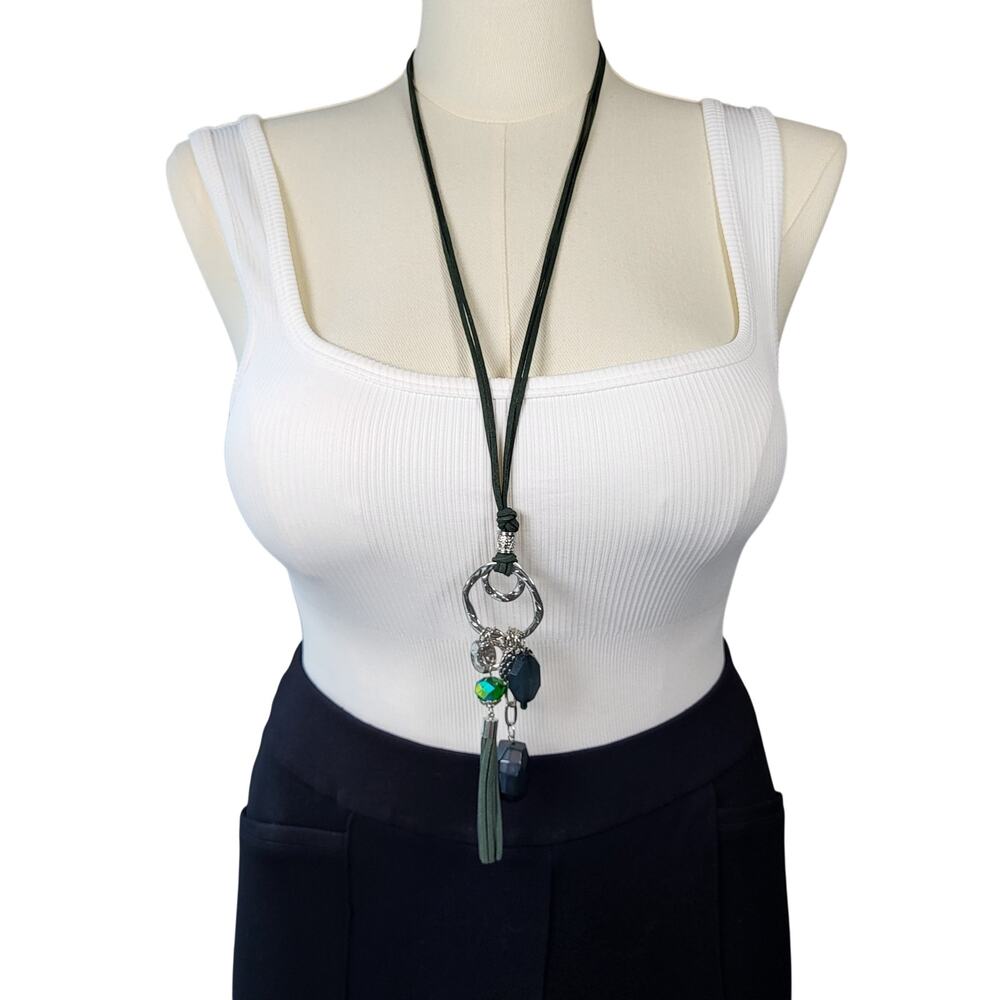 Cato Forest Green Charm & Tassel Necklace - Picture 3 of 9